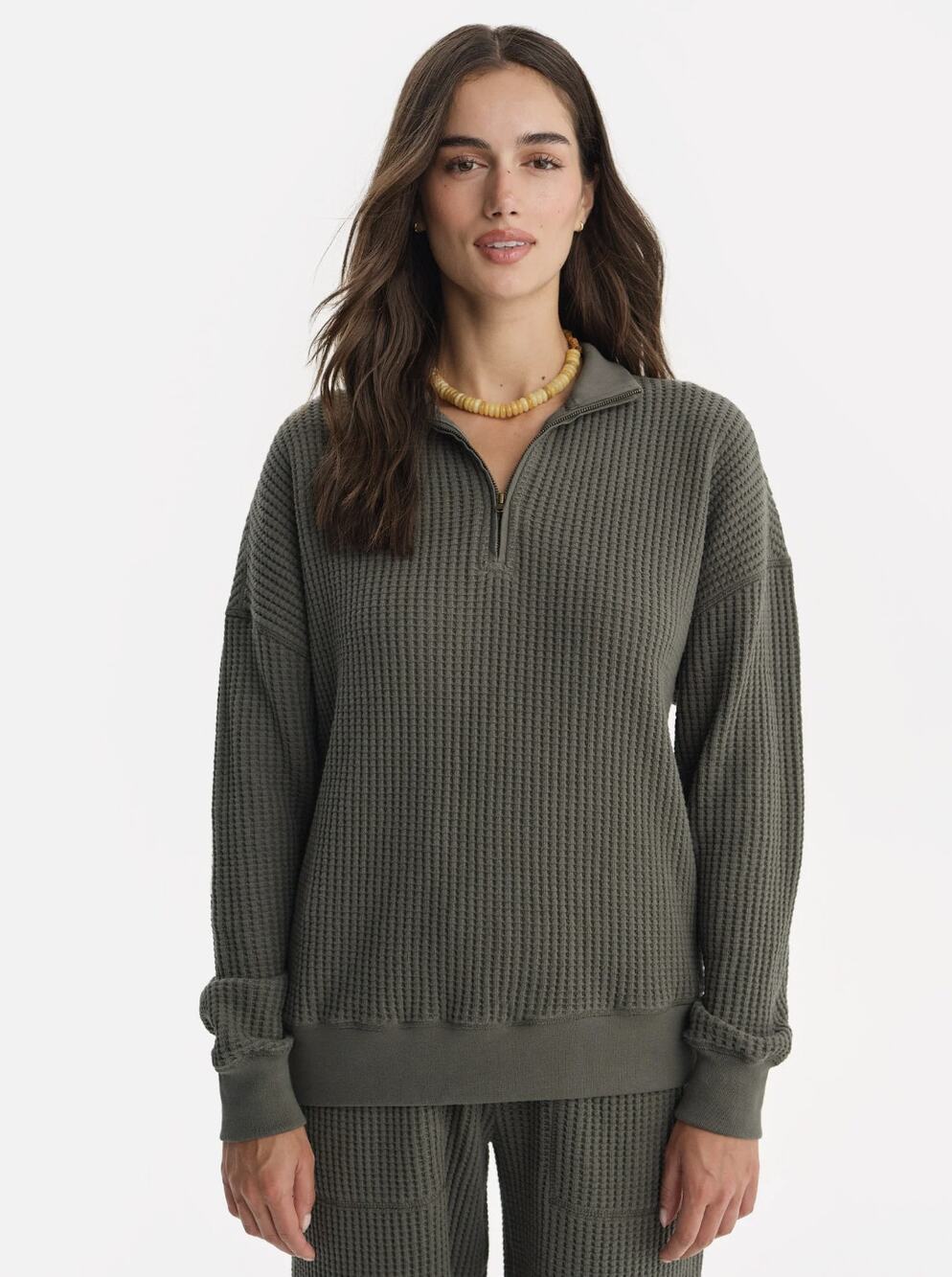 MATE the Label Organic Waffle Collared Half-Zip Sweatshirt Juniper Small